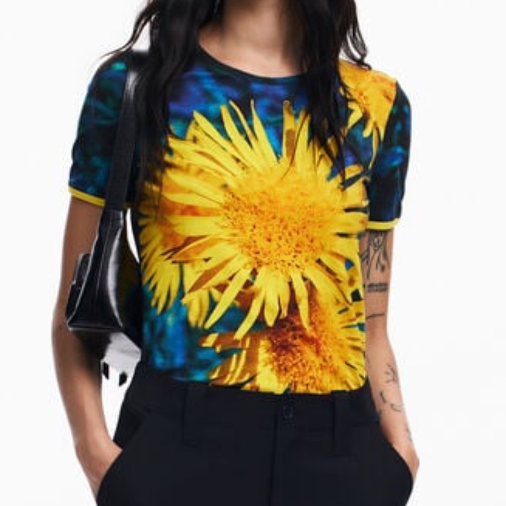 Desigual Yellow Sunflower Print Short Sleeve Tee